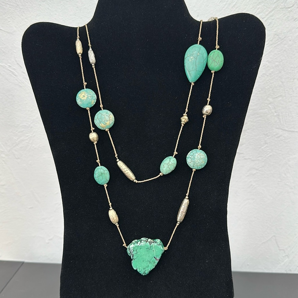Chicoβs Long & Heavy Vintage Faux Turquoise & Metal Bead Cord Necklace Statement
